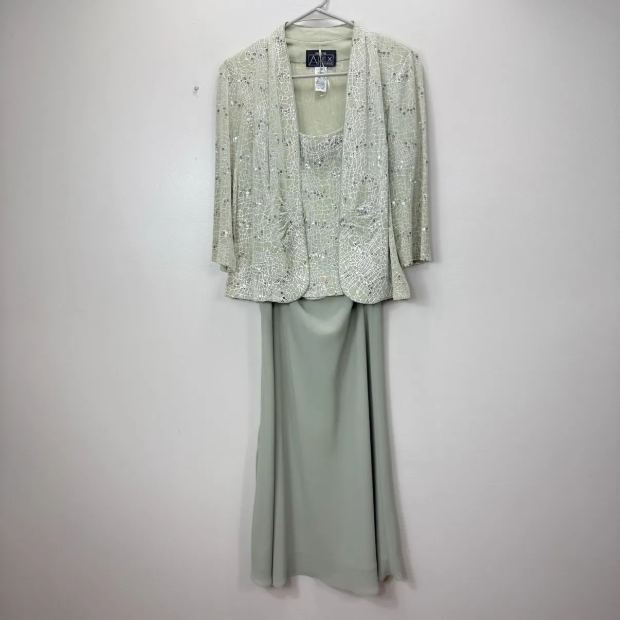 Alex Evenings Sage Green Sequin Jacket Top Pull On Skirt Dress MEDIUM PETITE - Image 3