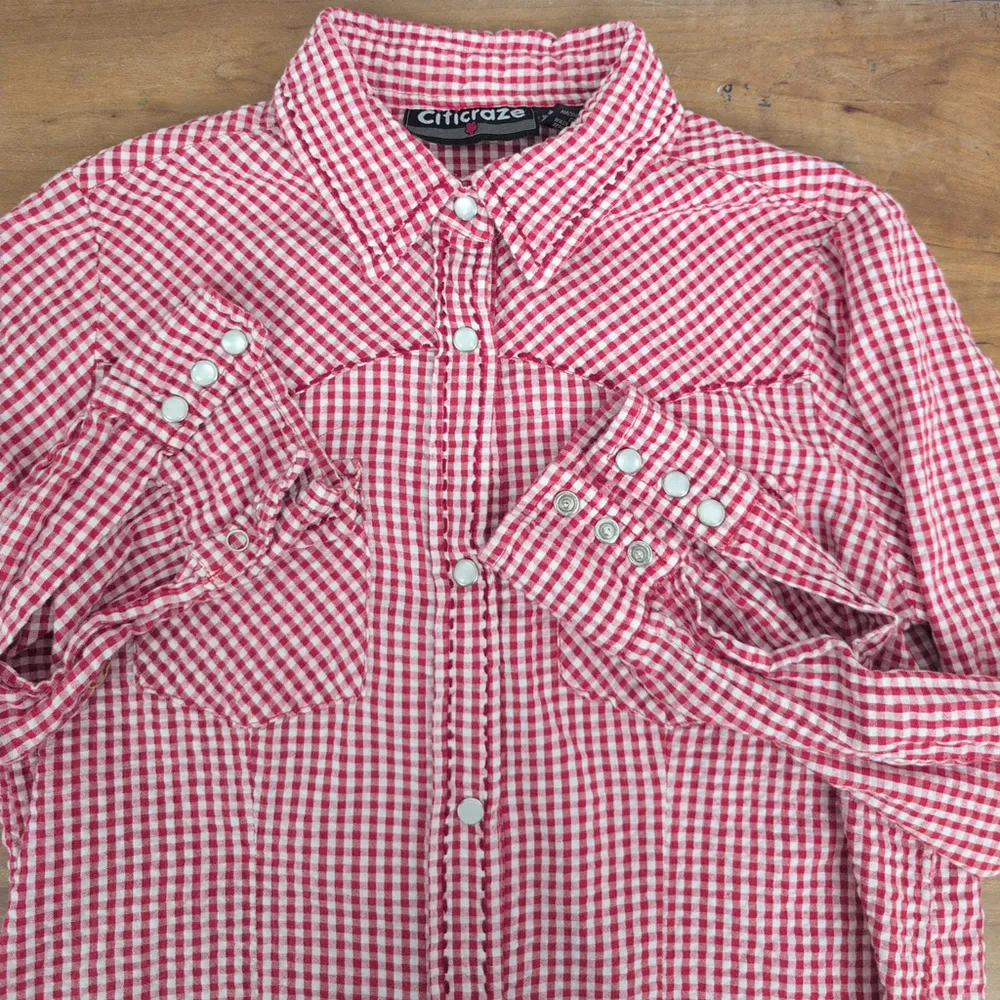 Ladies' Vintage Western Snap Seersucker Red Check Shirt Small - Image 3
