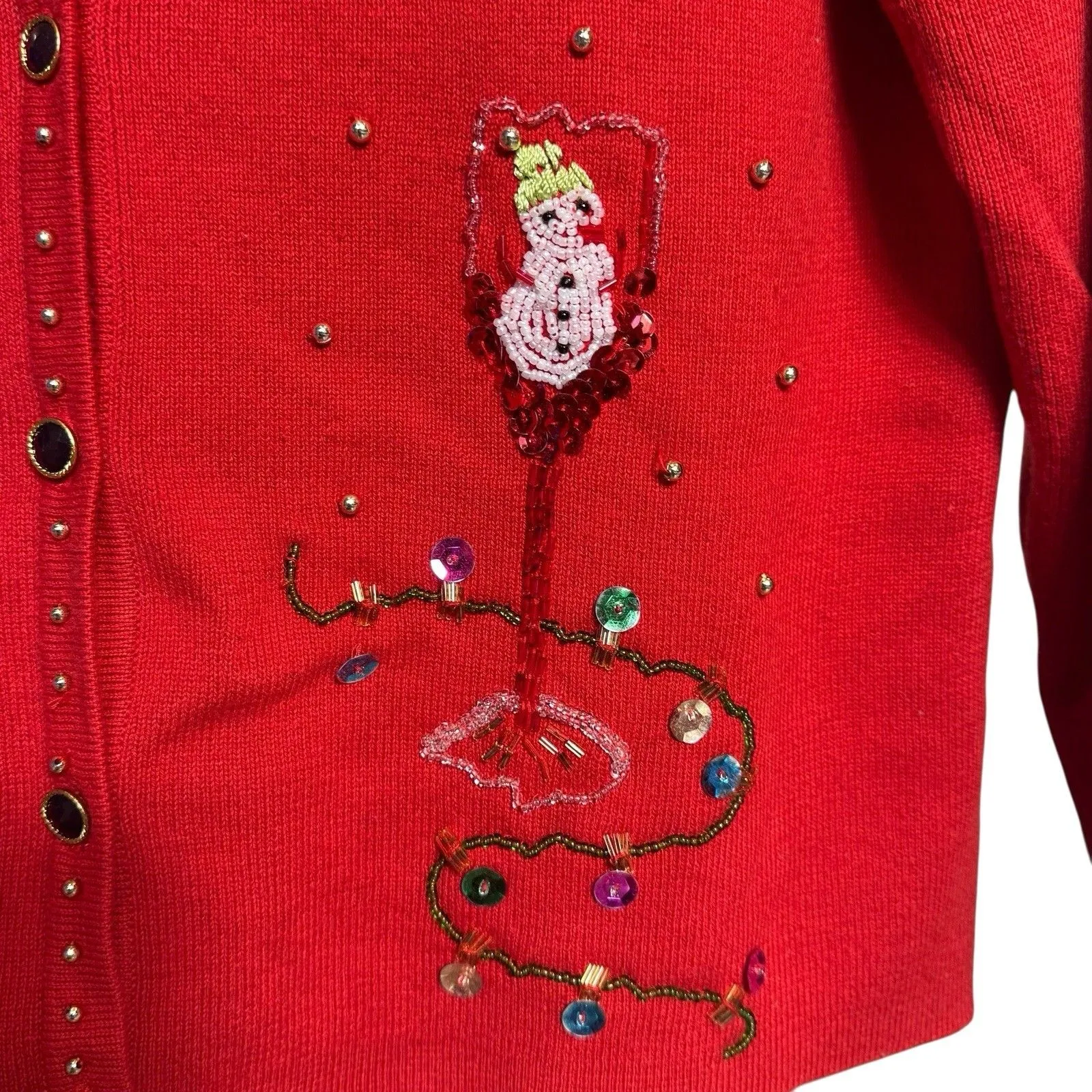 KIKIT Christmas Cardigan Size M Red Beaded Sequins Flowers Drinks Snowman Lights Size M - Image 6