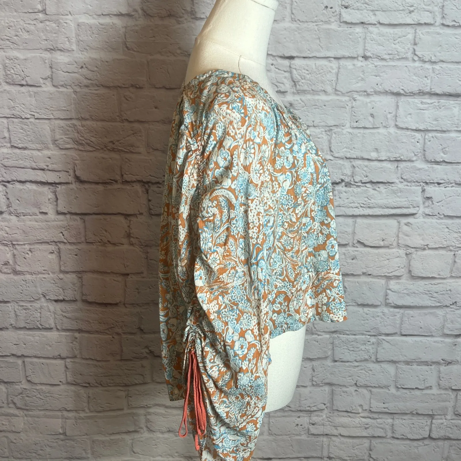 Anthropologie Floral Cotton Blouse Women's XS Tie Sleeve Cottagecore Bohocore - Image 3