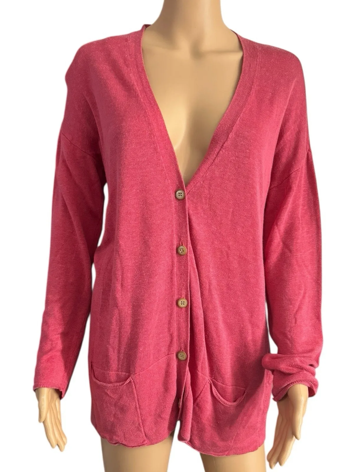 J. Jill Linen Blend V Neck Relaxed Fit Button Front Cardigan Sweater Size Medium Pink - Image 1