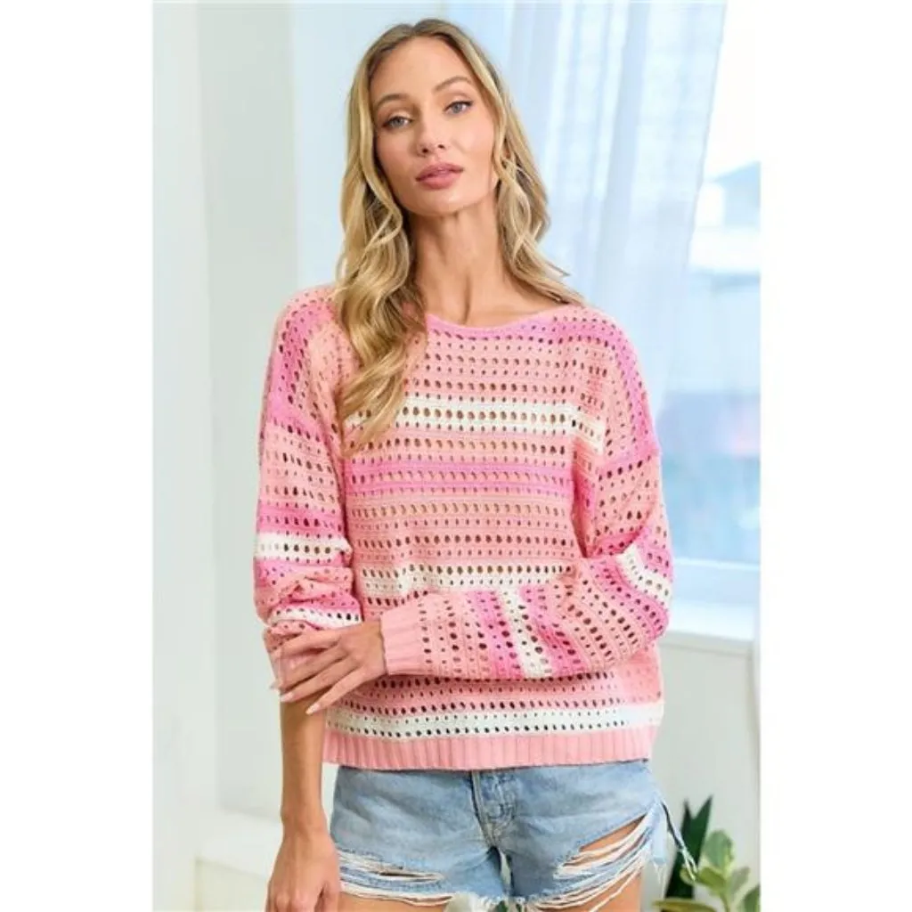 First Love Striped Long Sleeve Openwork Knit Top - Image 7