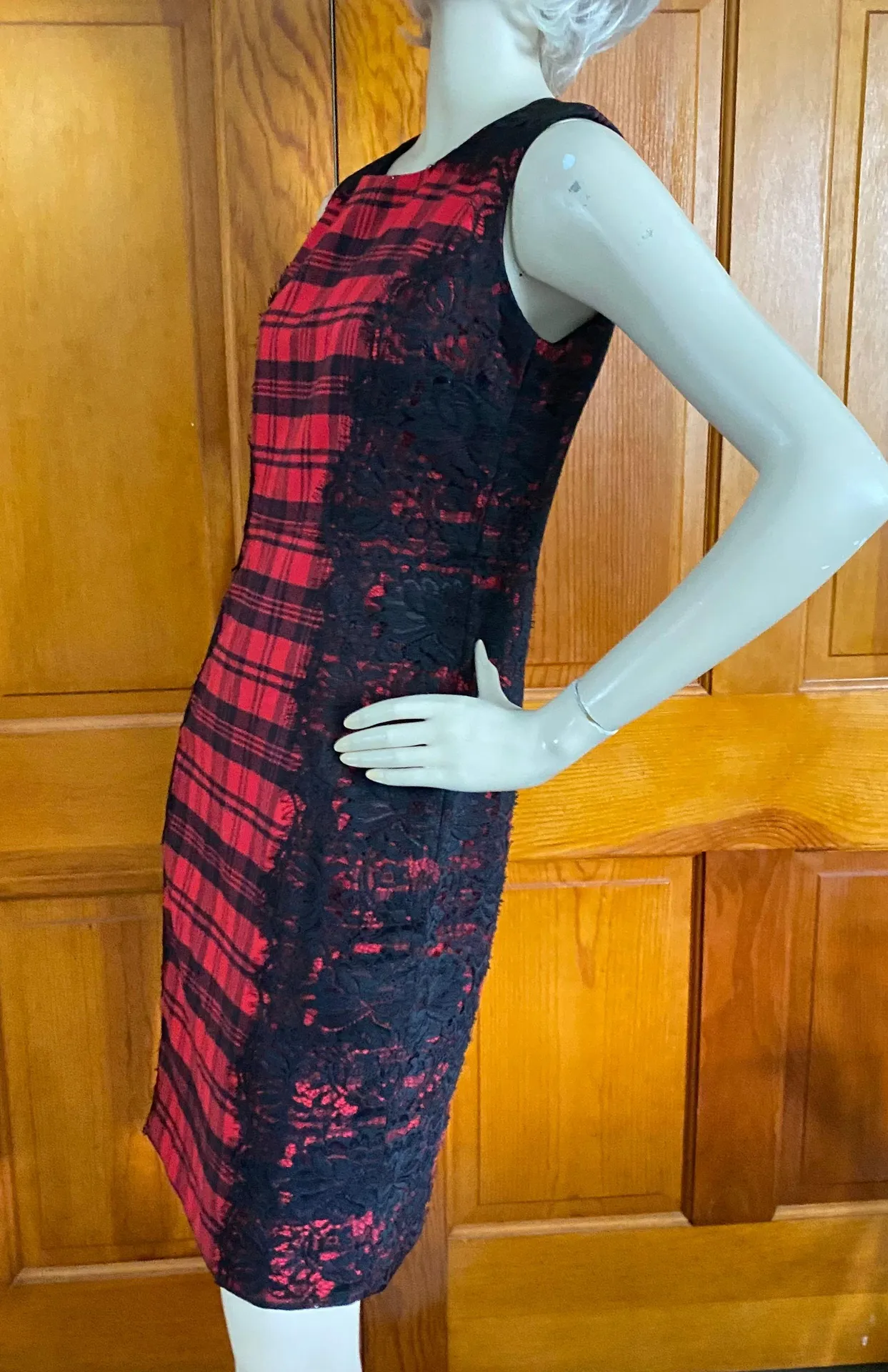Red Black Lumberjack Buffalo Plaid Lace Sheath Dress 2 - Image 2