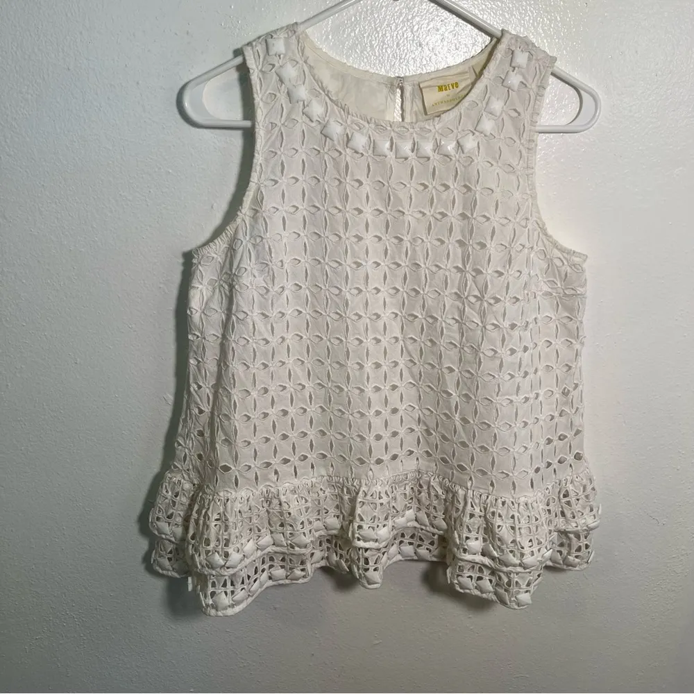 Maeve Anthropologie Monika Beaded Eyelet Sleeveless Peplum Blouse White XS - Image 3