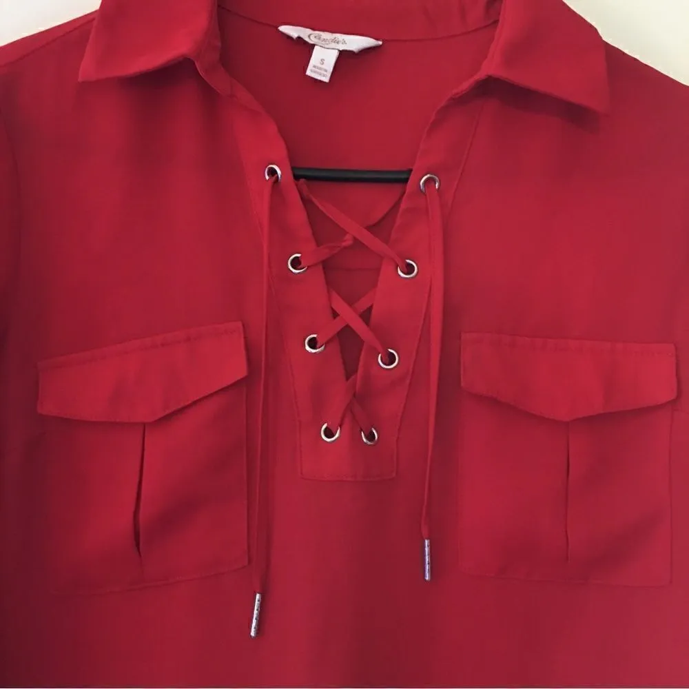 Cherry Red Lace up Semi sheer long sleeve Top - Image 4