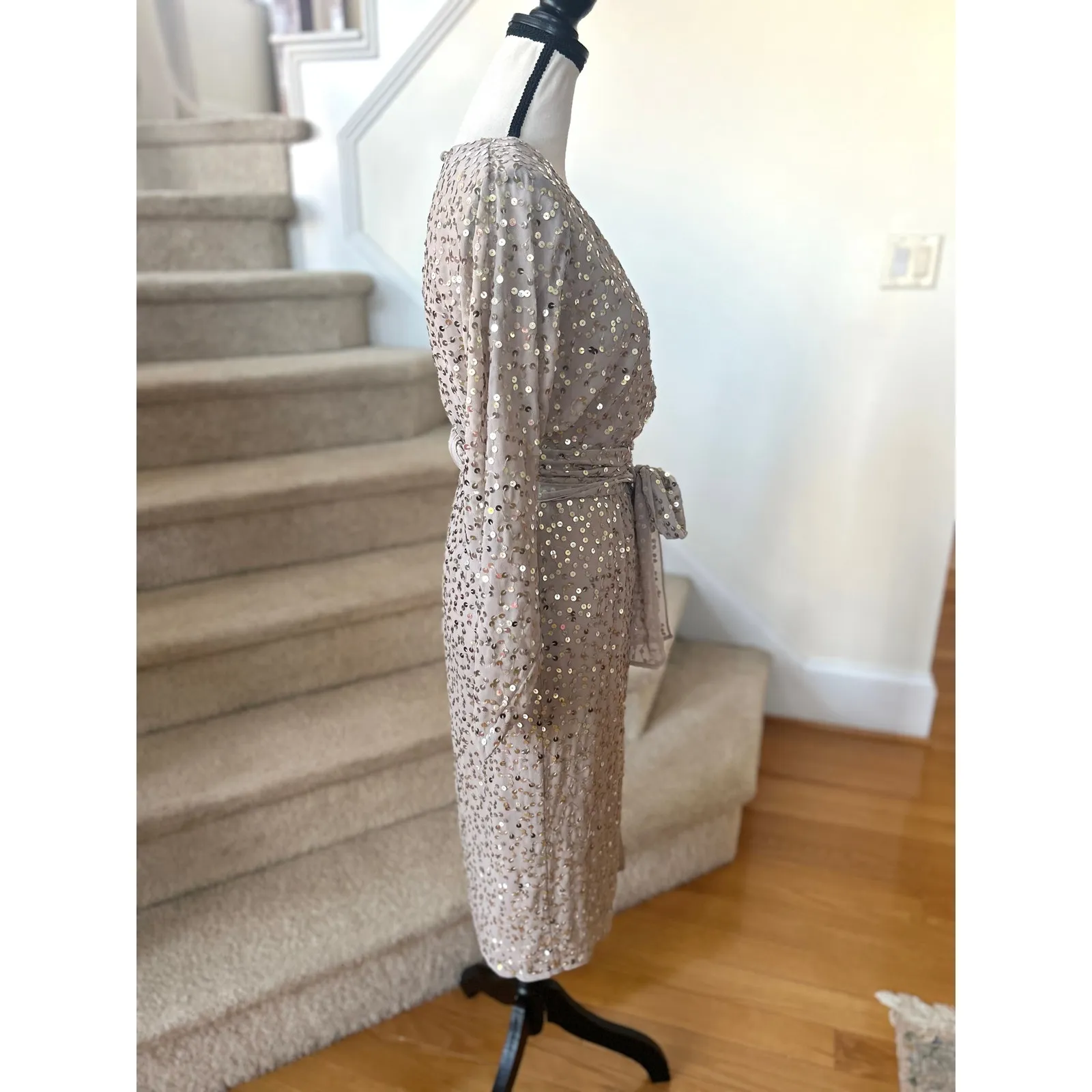 ASOS Taupe Grey Sequin Long Sleeve V-Neck Wrap Tie Sheath Midi Party Dress - Image 3