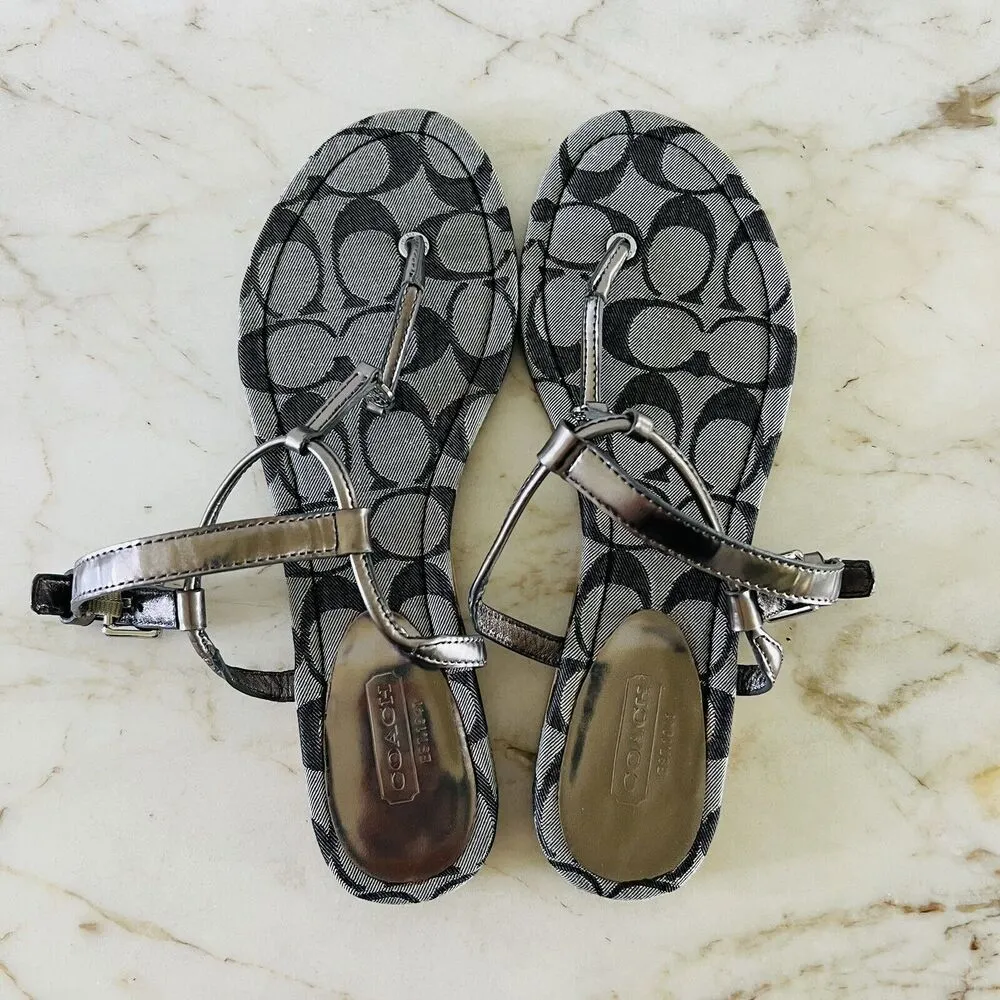 COACH Shirley Gray Black Canvas Logo Print Thong Sandal Silver Accent - US 7.5 - Image 6