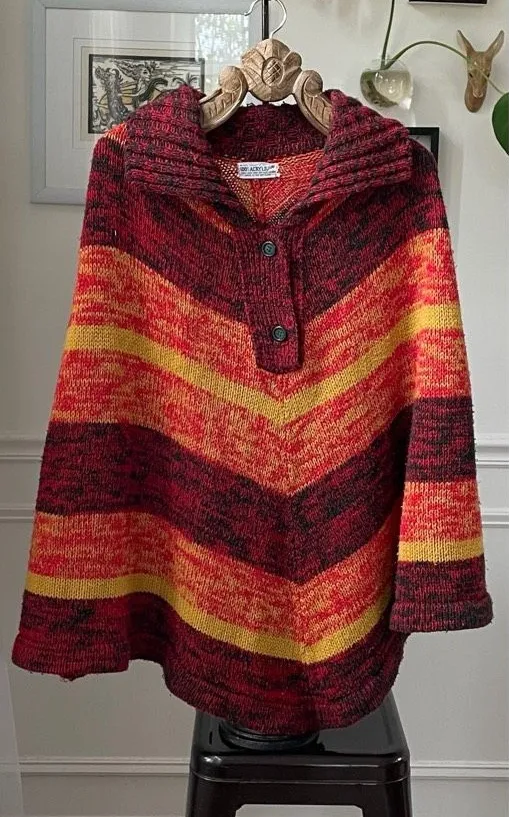 Vintage 70s Sweater Poncho Stripe Orange Yellow Red OSFM Size undefined - Image 1