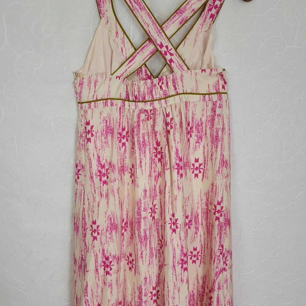Ann Taylor LOFT Silk Maxi Dress 10 Pink Gold Criss Cross Back V - Image 6