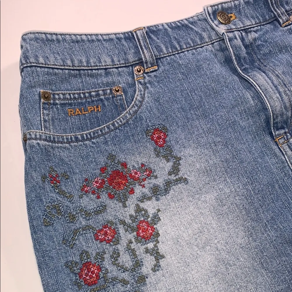 Vintage RALPH Lauren Denim Mini Skirt CrossStitch Floral Roses Embroidery 10 Y2K - Image 3