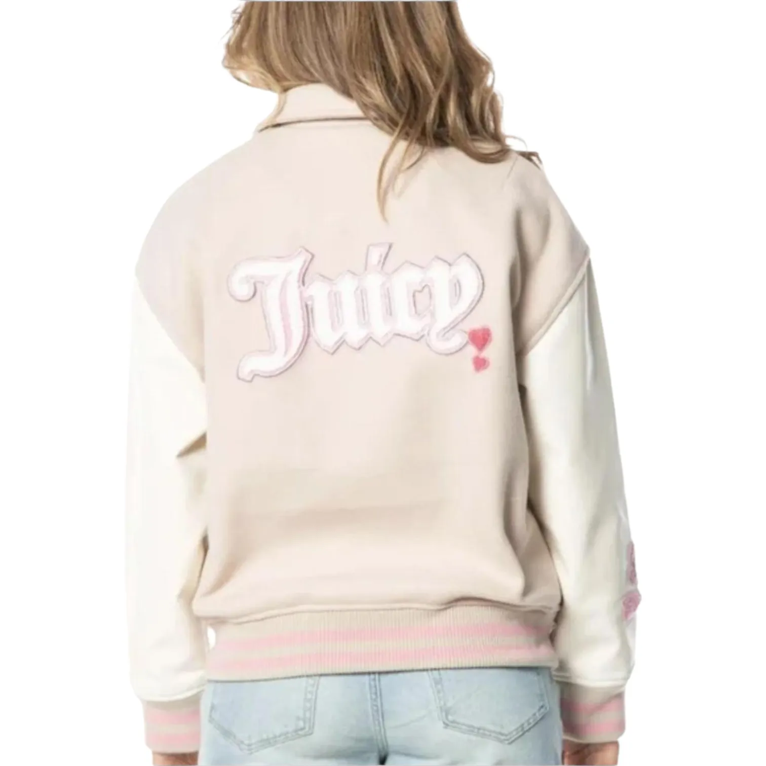 Juicy Couture Women’s Large Beige White Varsity Jacket Pink Logo Preppy Y2K - Image 2