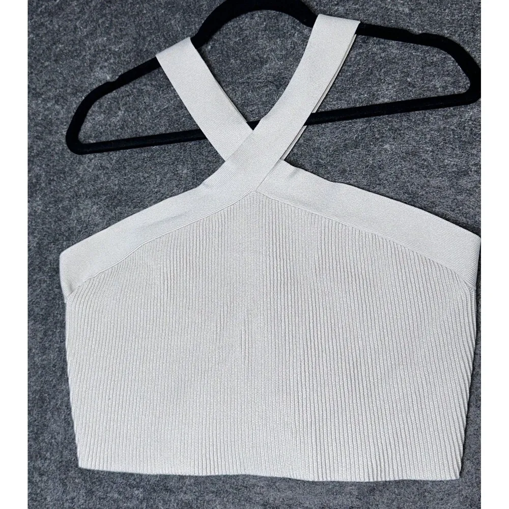 Aritzia Babaton Sculpt Beige Ribbed Knit Criss Cross Sleeveless Crop Tank Top XL - Image 2