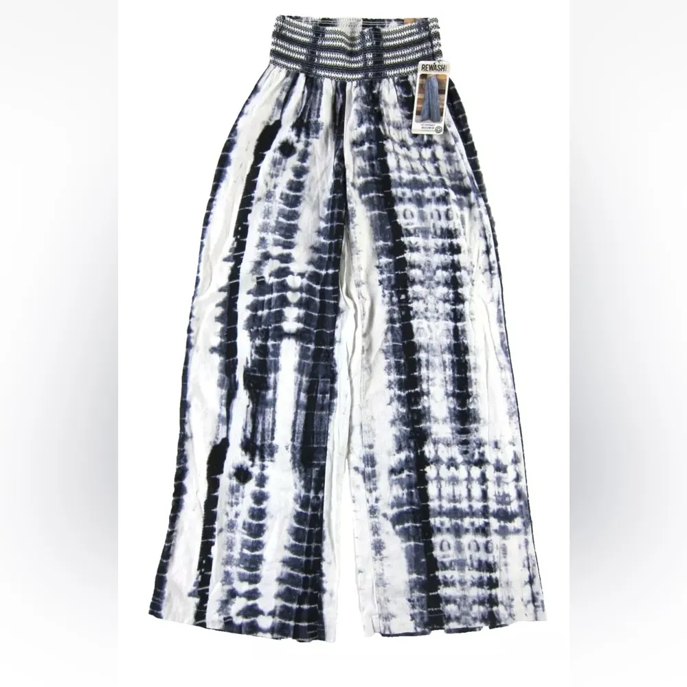REWASH BRAND Linen White Blue Tie Dye High Rise Wide Leg Pant Large - Image 2