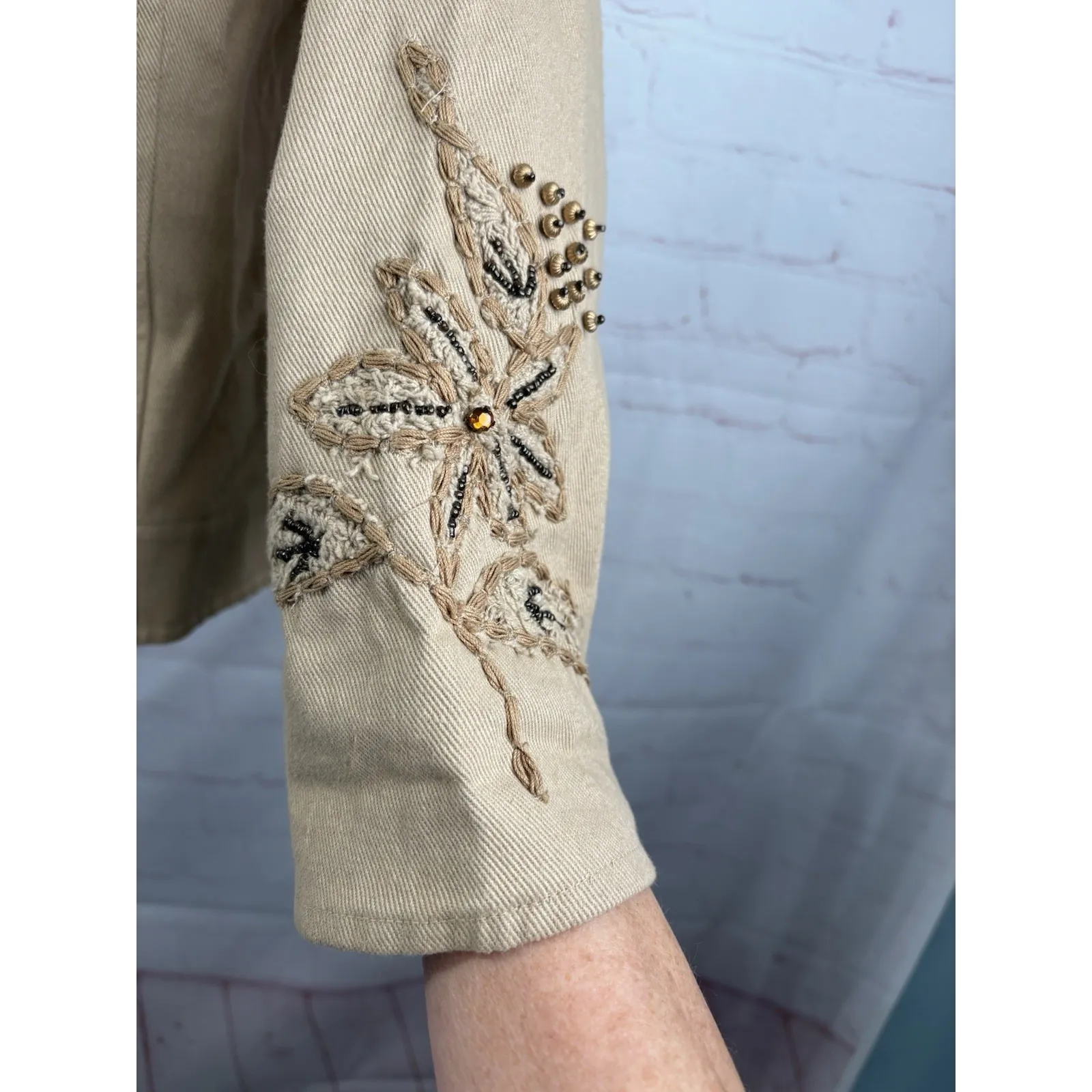 Laura Ashley Jacket Women's Small Beige Cotton. Open Front Beaded Embroidered - Image 6