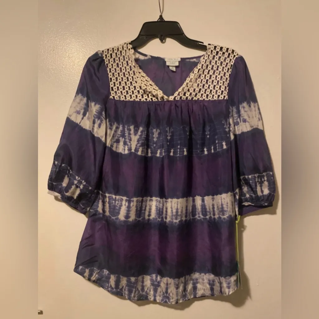 Nwt Calypso St. Barth for Target 100% Silk Blouse - Purple & Blue Tie-Dye Size S - Image 4