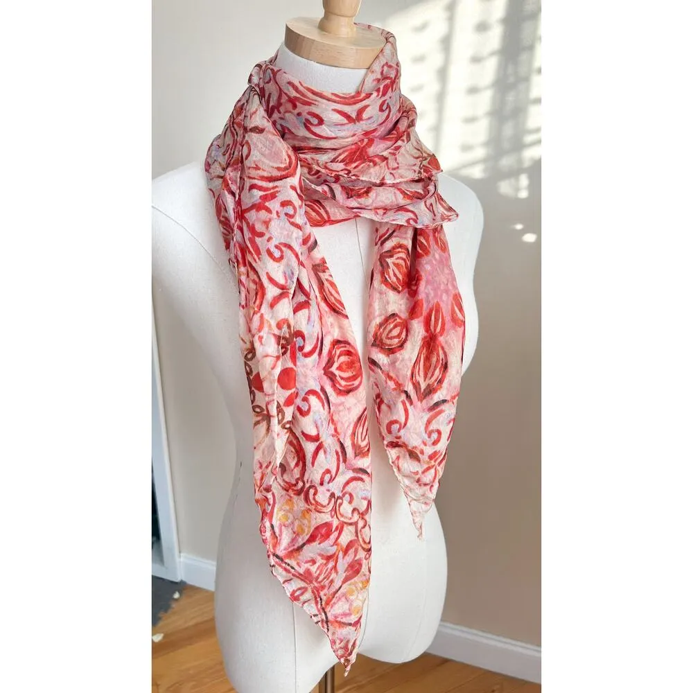 Pier 1 Imports Women's 100% Silk Square Scarf Orange Printed Medallion Scarf - Image 3