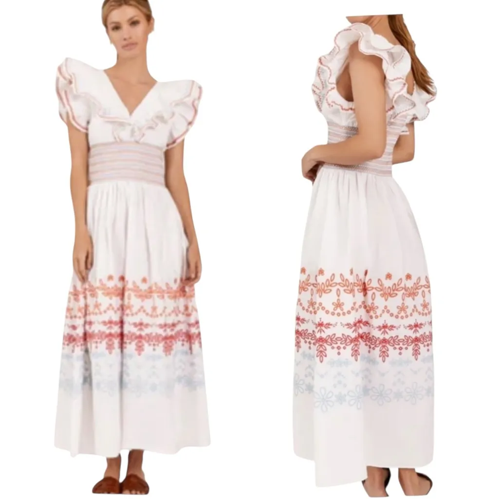 NWT Something Navy Natalie Smocked Floral Embroidered Midi Dress White Size XL - Image 14