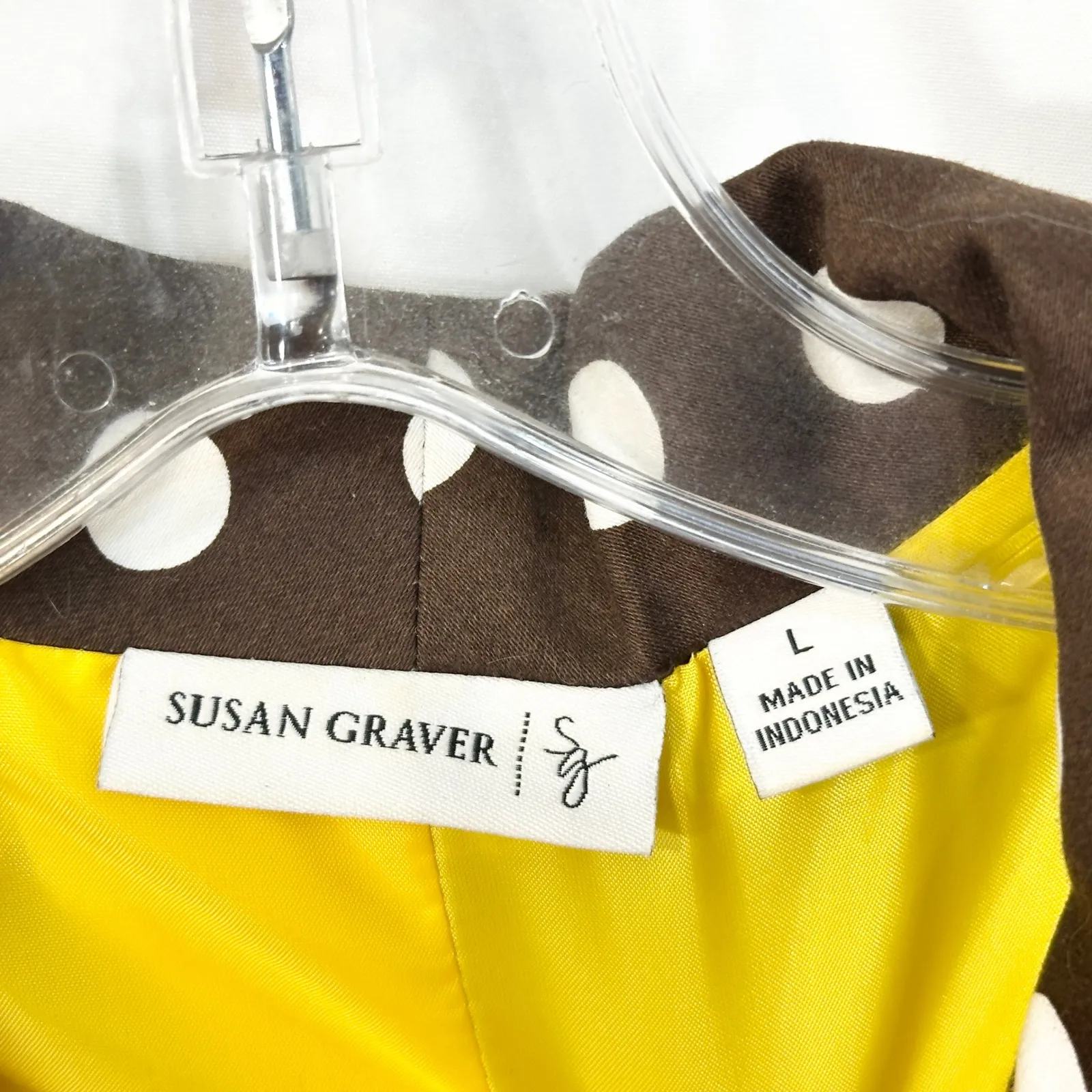 Susan Graver  Large Jacket Brown White Polka Dot Blazer Yellow Lined‎ Ruched 1198 - Image 11