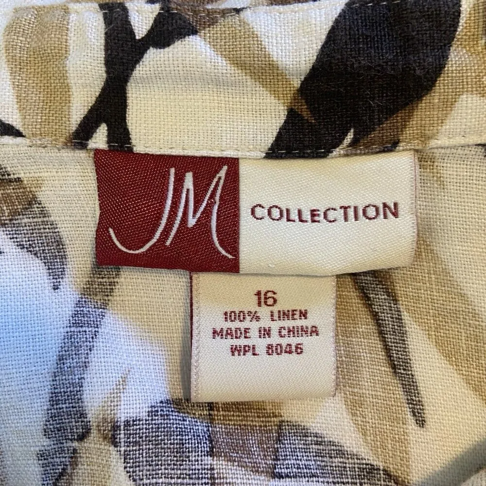 JM COLLECTION 100% LINEN TROPICAL PALM TAB LONG SLEEVE BUTTON UP BLOUSE Size 16 - Image 7