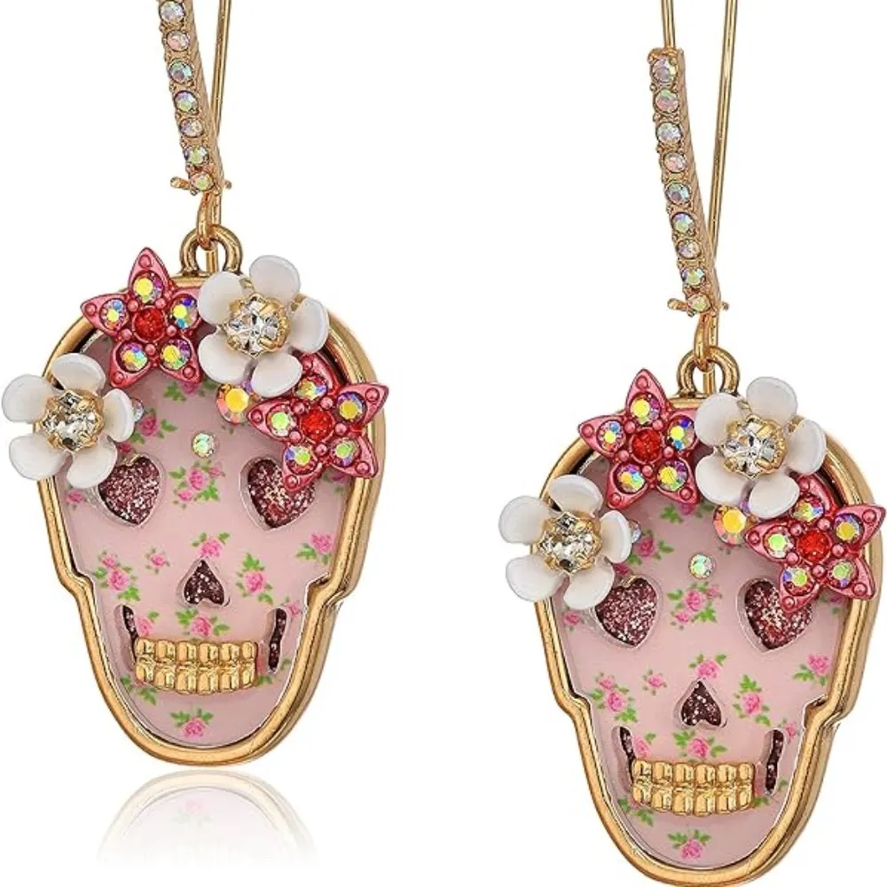 New in Gift Box Betsey Johnson Floral Pink Sugar Skull Earrings - Image 2