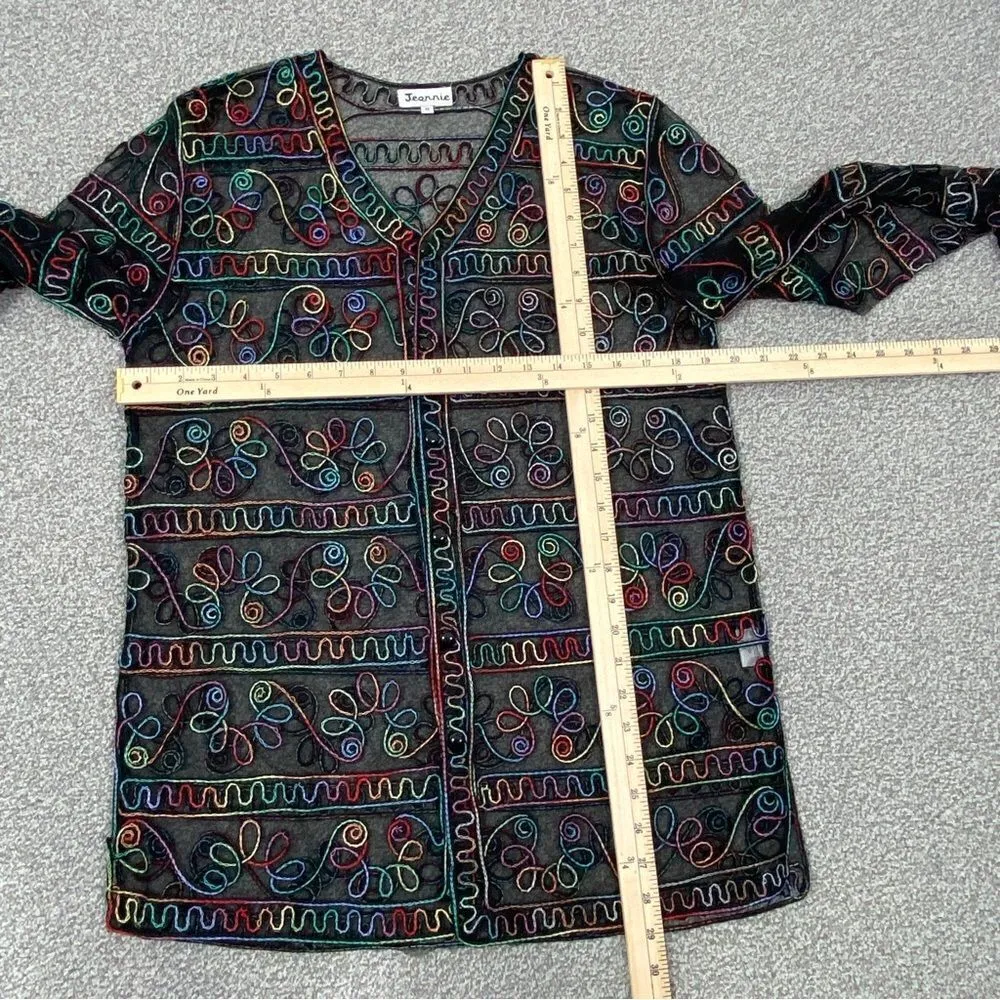 Jeannie‎ Rainbow Embroidered Sheer Button Front Cardigan Shirt Black Medium Black - Image 14