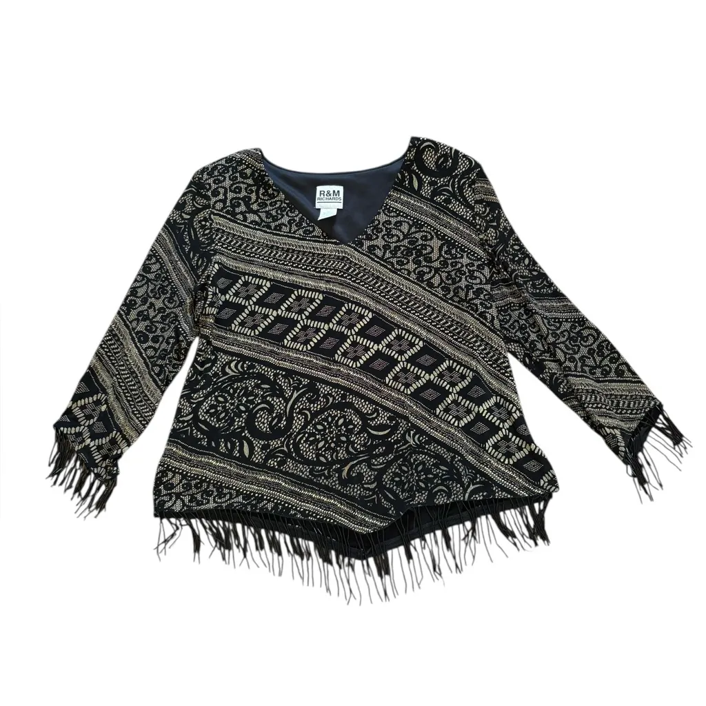 R M Richards Blouse Printed Beaded Fringe Black White Womens Size 16 - Image 4