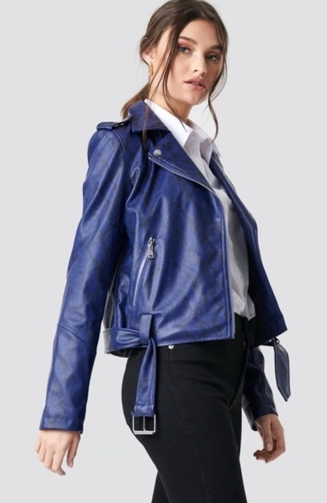 NA-KD Blue & Black Snakeskin Print Faux Leather Belted Biker Jacket Size Medium - Image 1