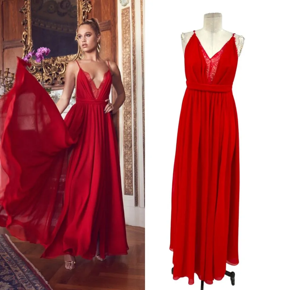 Michael Costello x Revolve Justin Gown Red Maxi Lace Slit Size‎ Large - Image 2