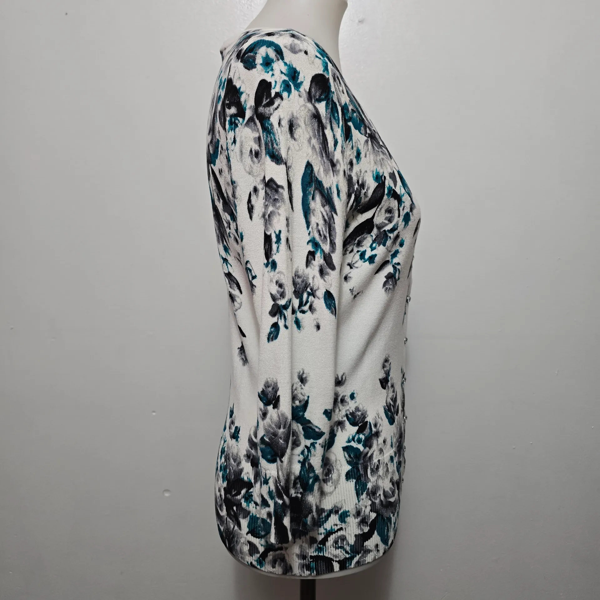 White House Black Market Teal Floral  Cardigan Small Romantic Feminine - Image 4