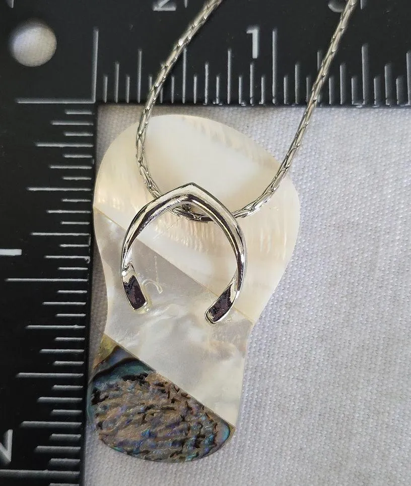 Beach Fashion Silver Mother of Pearl Abalone Flip Flop Pendant Necklace - Image 8