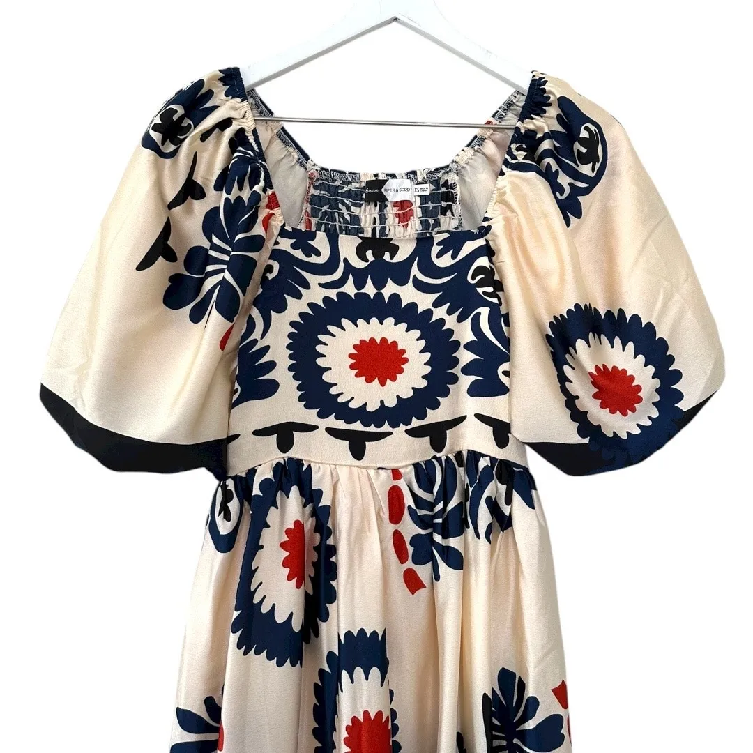 Piper & Scoot Exclusive Puff Sleeve Maxi Dress XS White Blue Red Floral Boho - Image 3