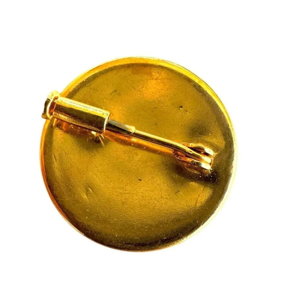 VINTAGE DAMASCENE BIRD FLOWERS GOLD TONE BLACK ROUND BROOCH PIN - Image 7