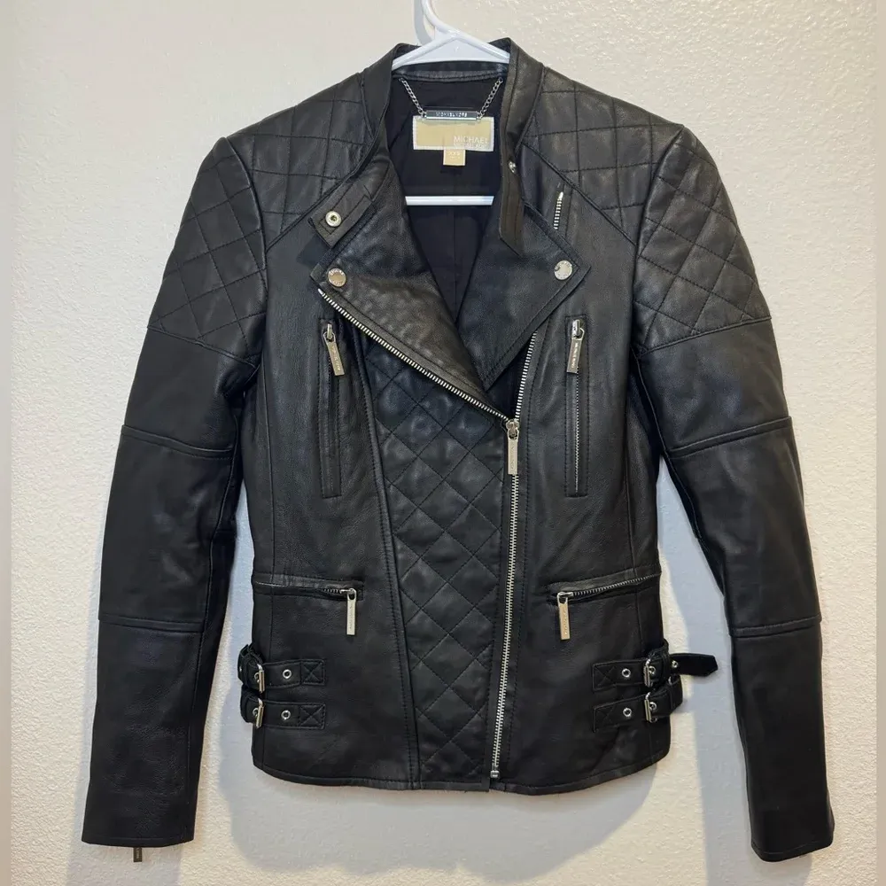 MICHAEL Michael Kors 100% Leather Moto Black‎ Jacket Size XXS Black - Image 3