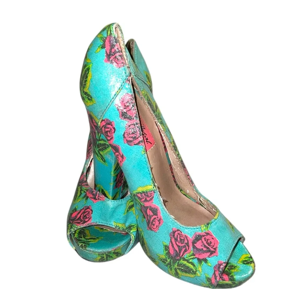 Betsey Johnson Women's Floral Peep Toe Heels - Blue and Pink - Image 5
