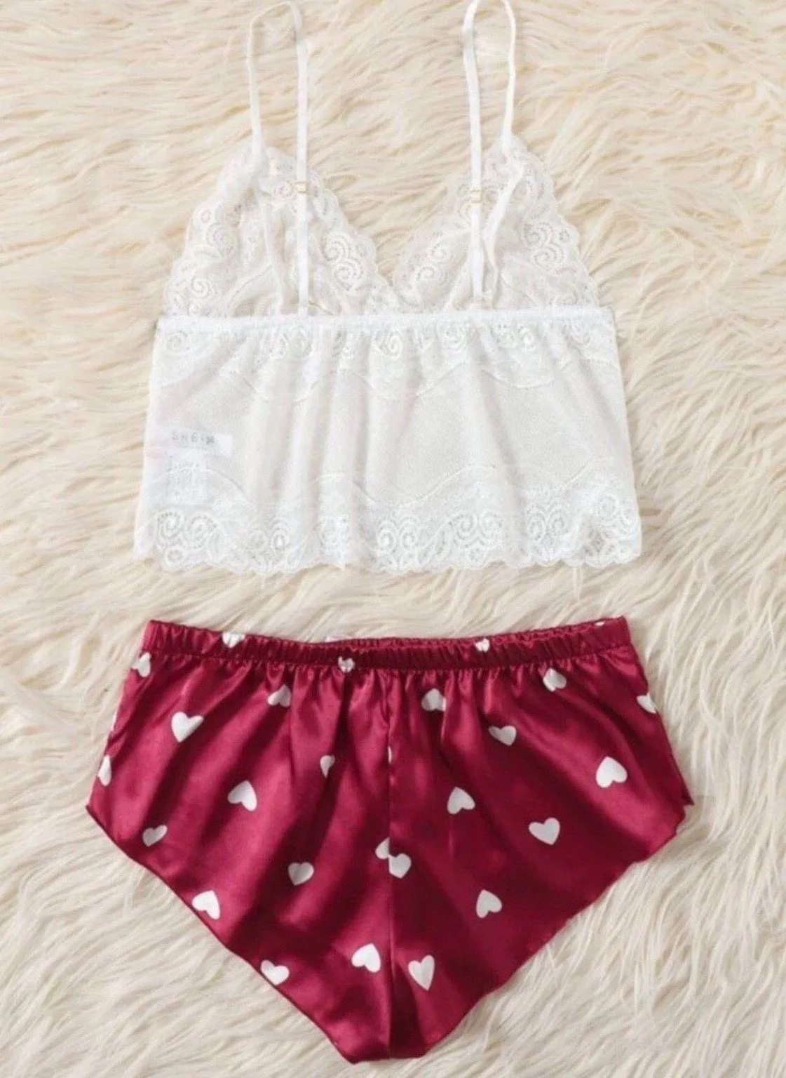 Red & White, Heart, Lace & Satin, Lingerie Set - Image 3