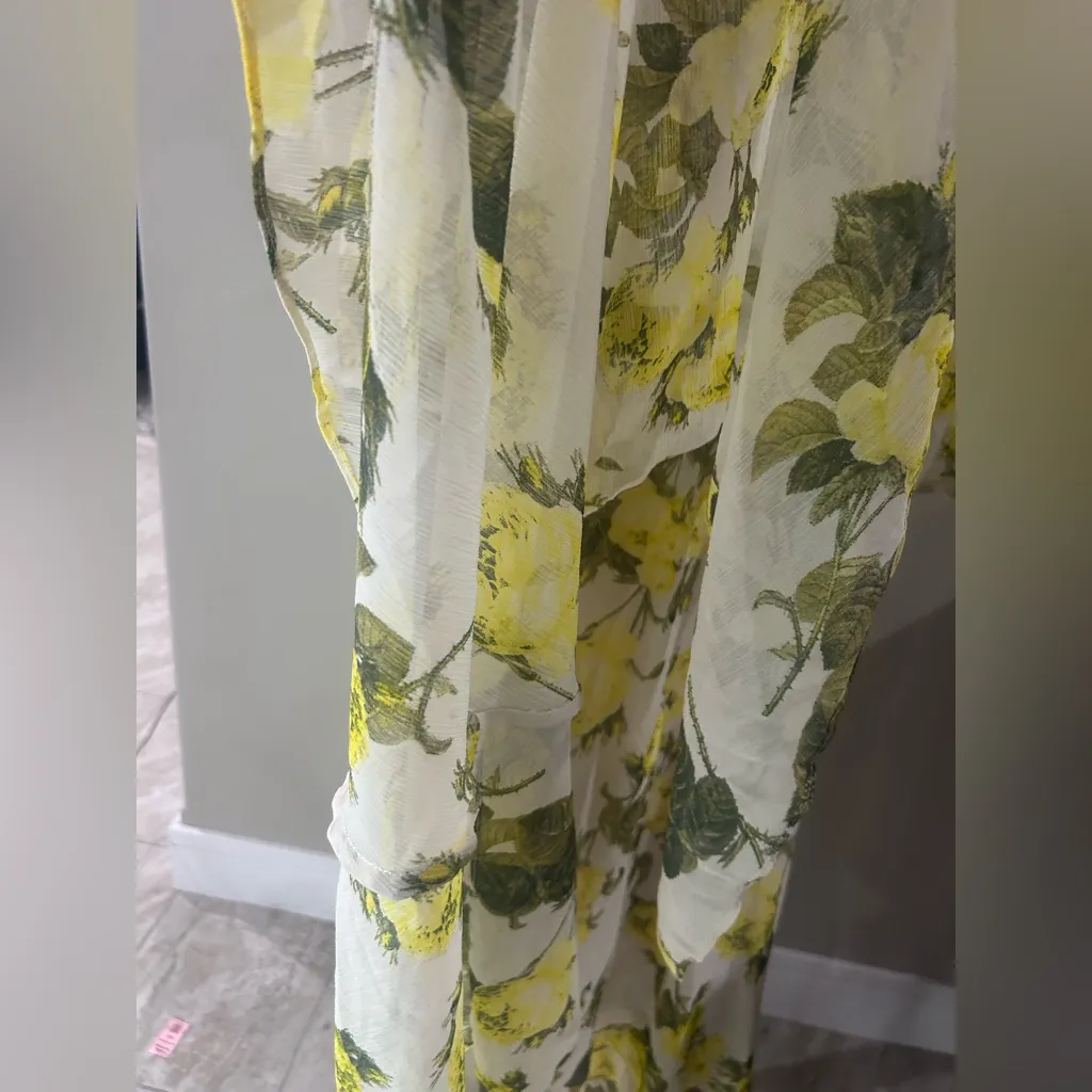 Calvin Klein Yellow Floral Chiffon Wrap Midi Dress Women’s Size 6 - Image 5