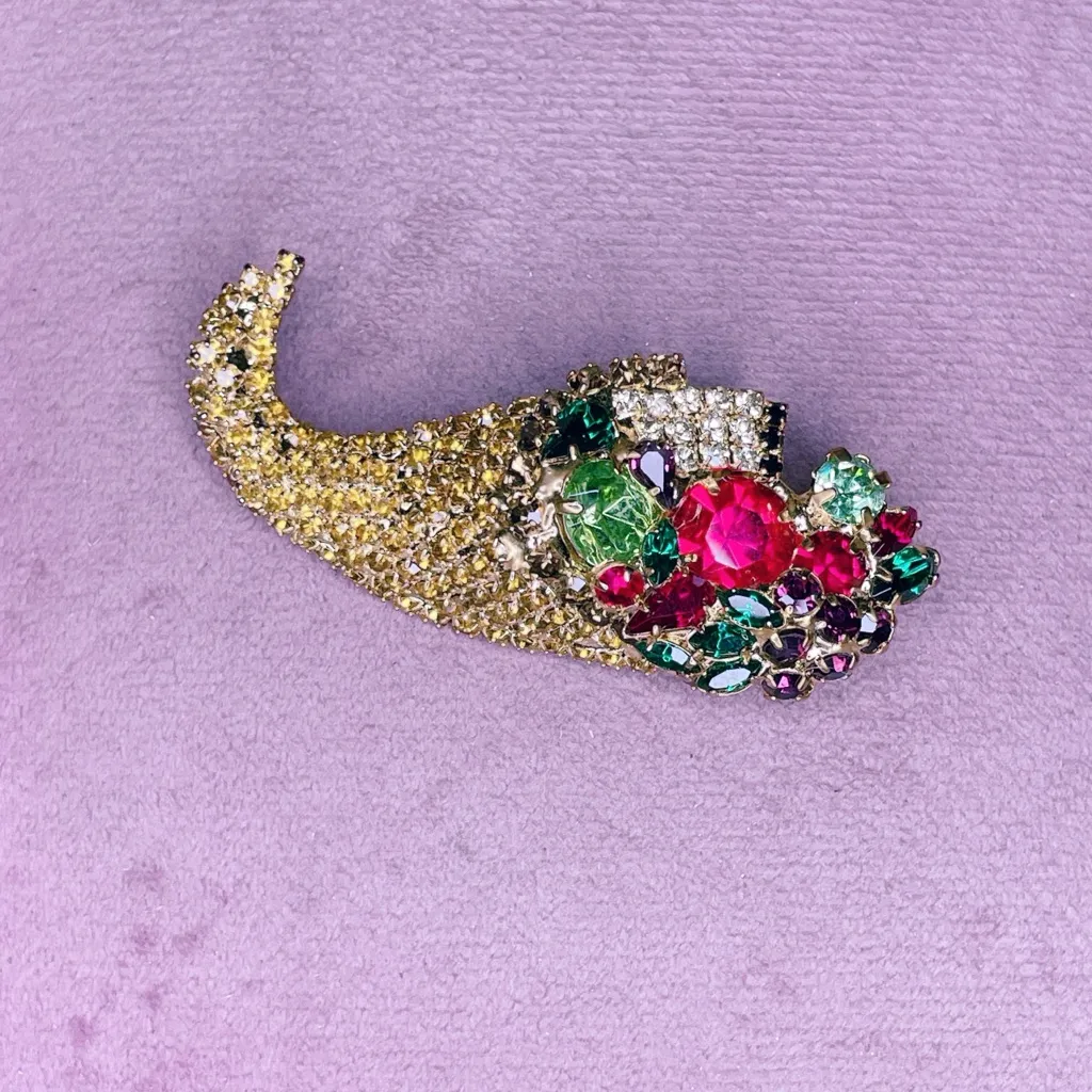 677. Rhinestone Bling Cornucopia Brooch Thanksgiving Fall Gold - Image 4