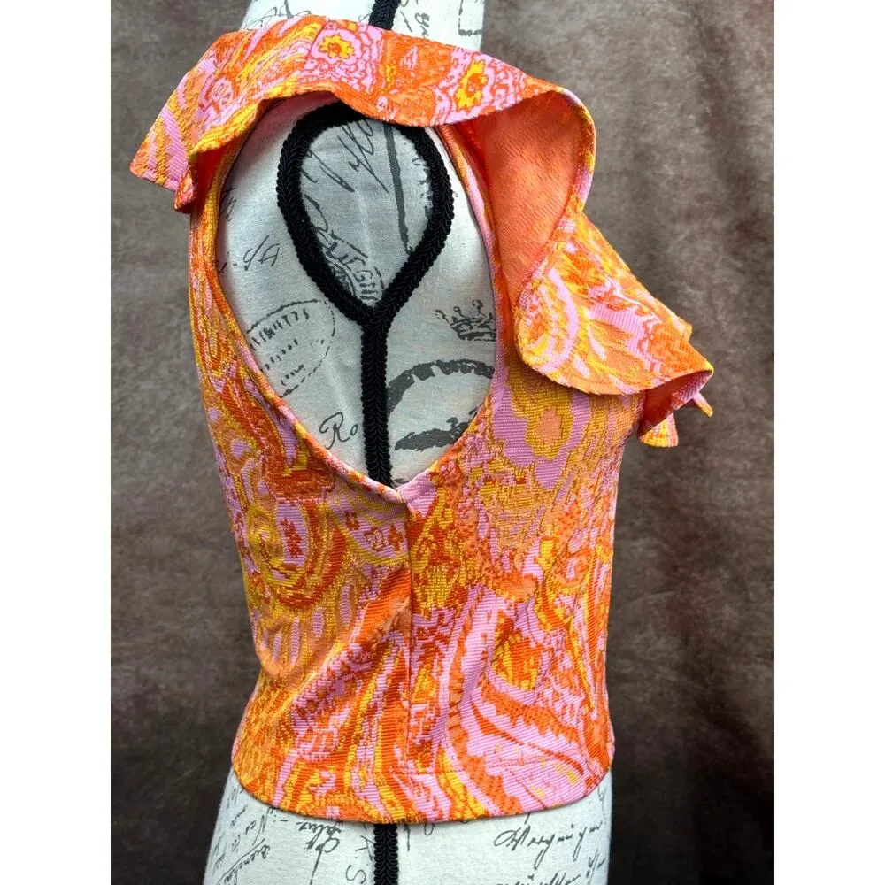 Sleeveless Stretch Summer Zara Jacquard Paisley Ruffle Top Orange Yellow size S - Image 6