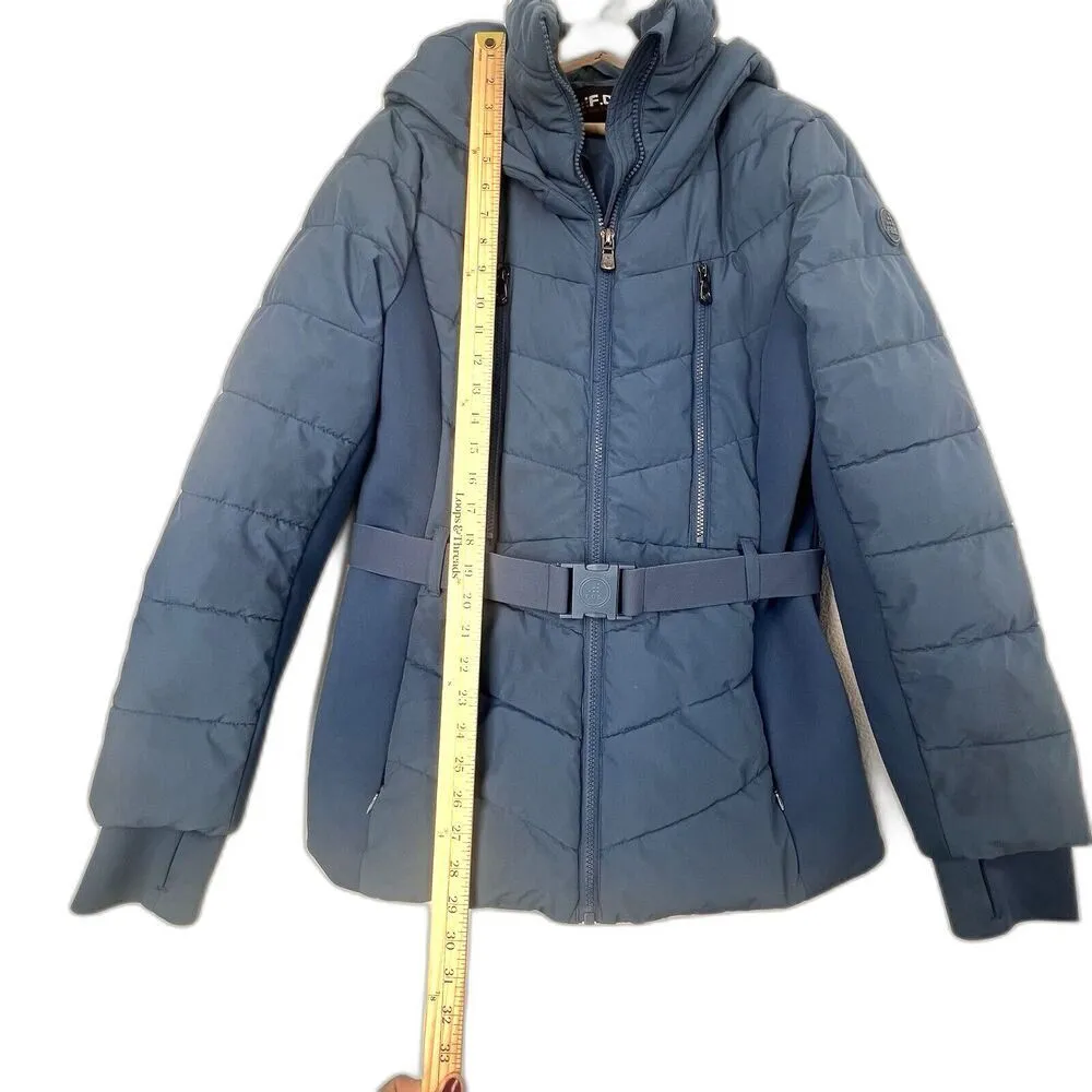 FOG Womens Belted Puffer Coat with Hood Adult Long Sleeve blue size L Size L - Image 5
