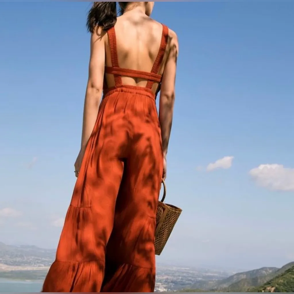 Free People Selfie Worthy Tiered Legs‎ H-Style Back Straps Rust Jumpsuit Size XS - Image 2