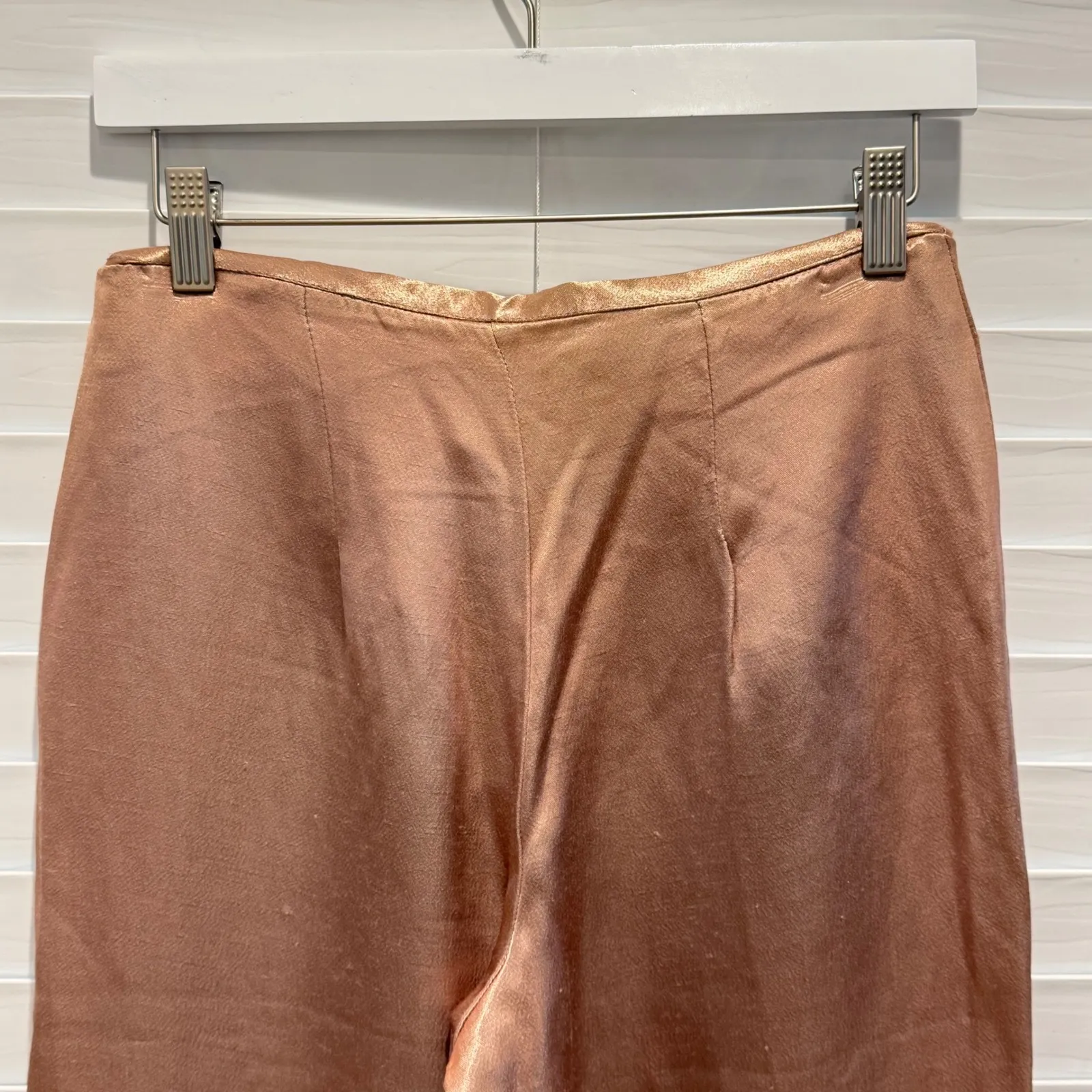 Vintage Y2K Free People Wide Leg Satin Pants Rose Gold Metallic Trouser Sz 5/6 - Image 4