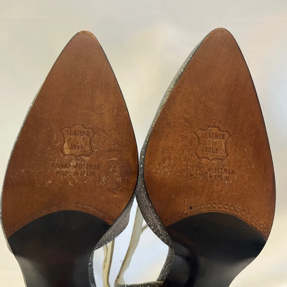 Stuart Weitzman Silver Glitter Slingback Heels | Size 9 | Made in Spain - Image 3