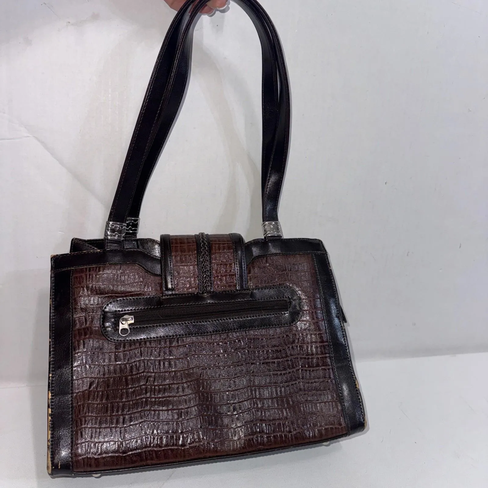 Brighton Style Gorpcore Y2K Handbag Brown Croc Leather Trim Silver Hearts Purse - Image 3