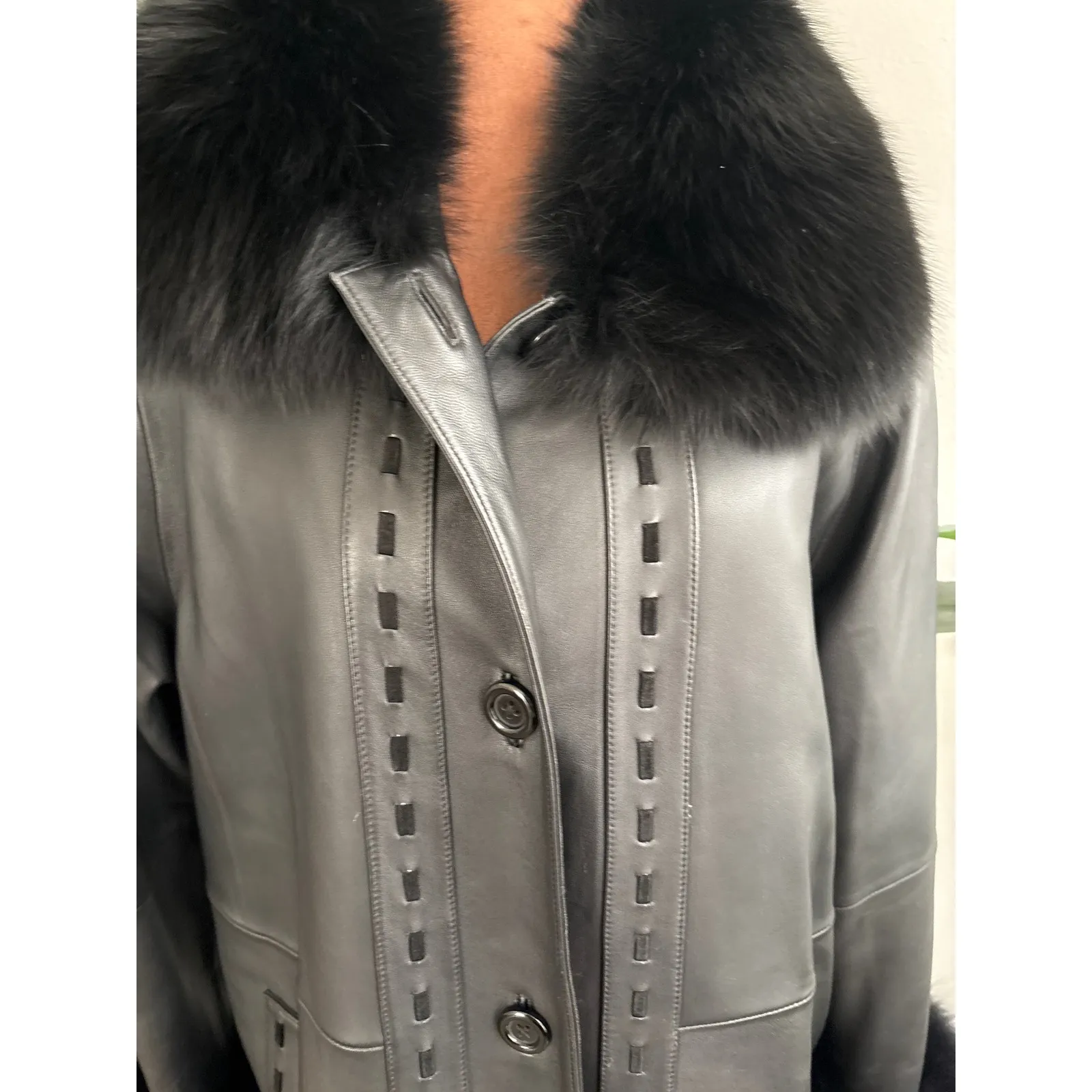 Vintage High End Black Leather Long Coat Real Fox Collar & Wrist Women Med - Image 3