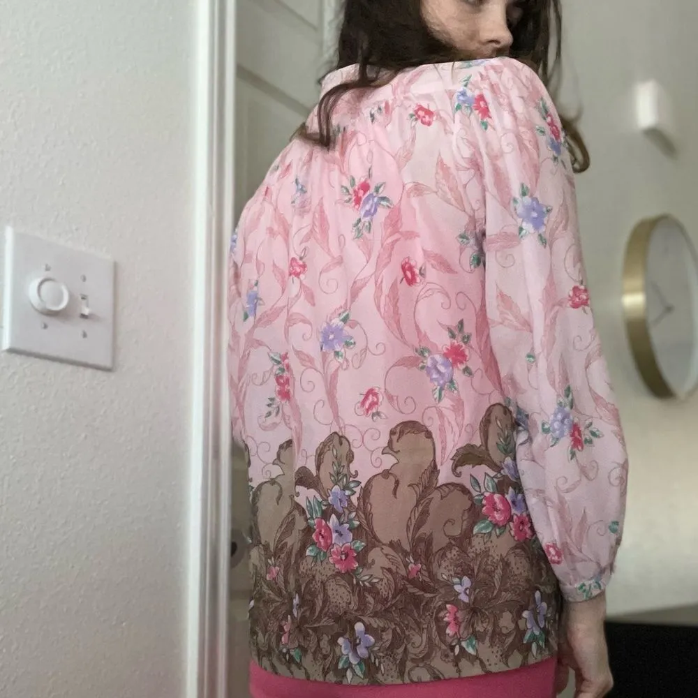 Vintage‎ 70s Pink Whimsical Floral Art Deco Blouse Size Medium Pink Brown Birds - Image 3