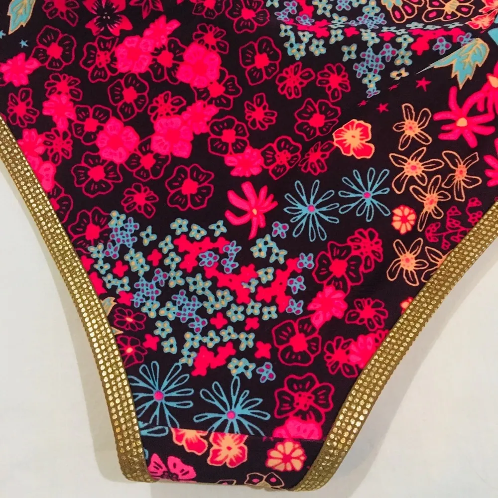 NWT XS Aerie Pink and Gold Floral Bikini Panties with Hip Ties - Image 7