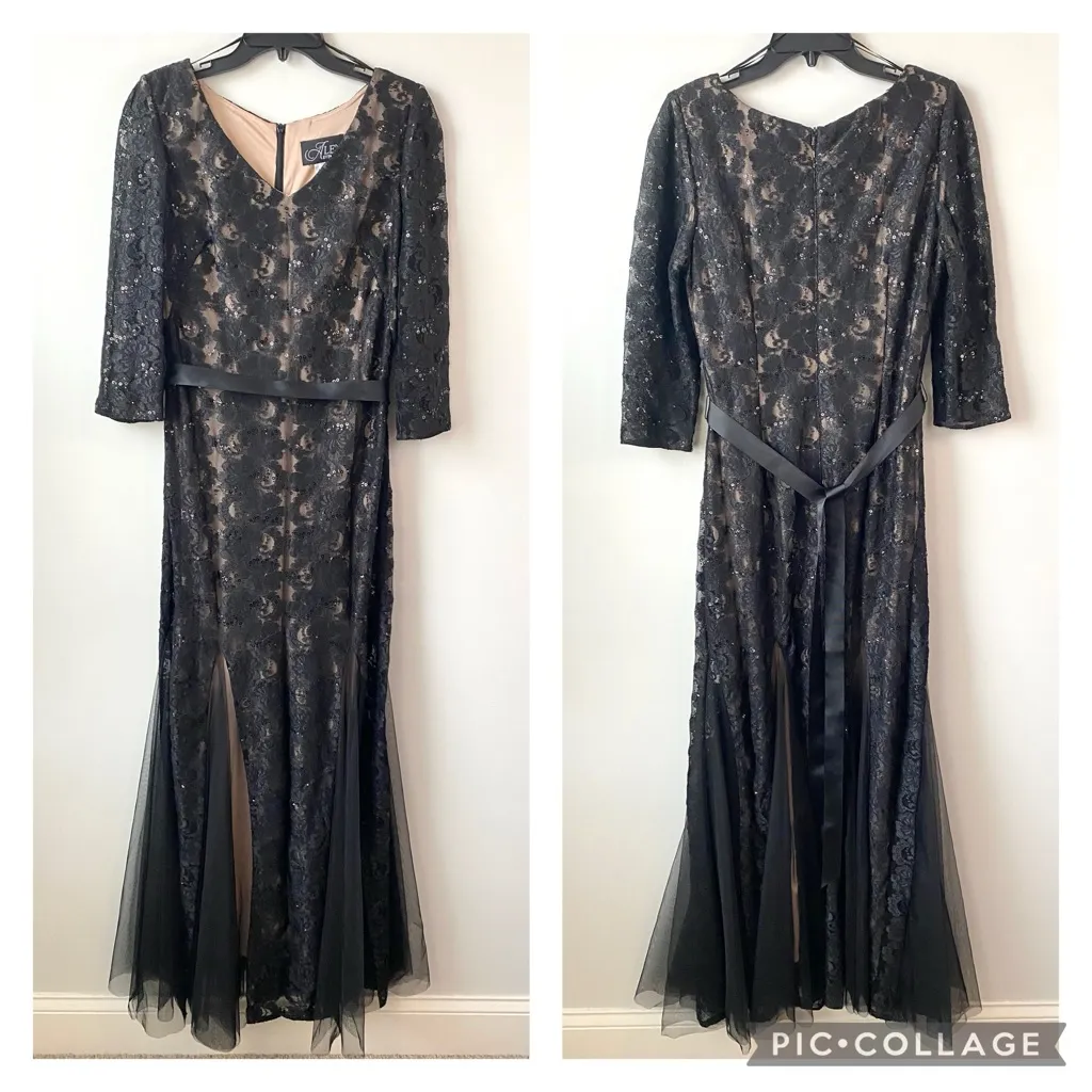 Alex Evenings Sequined Lace Mermaid Gown Black Nude‎ 10 - Image 3