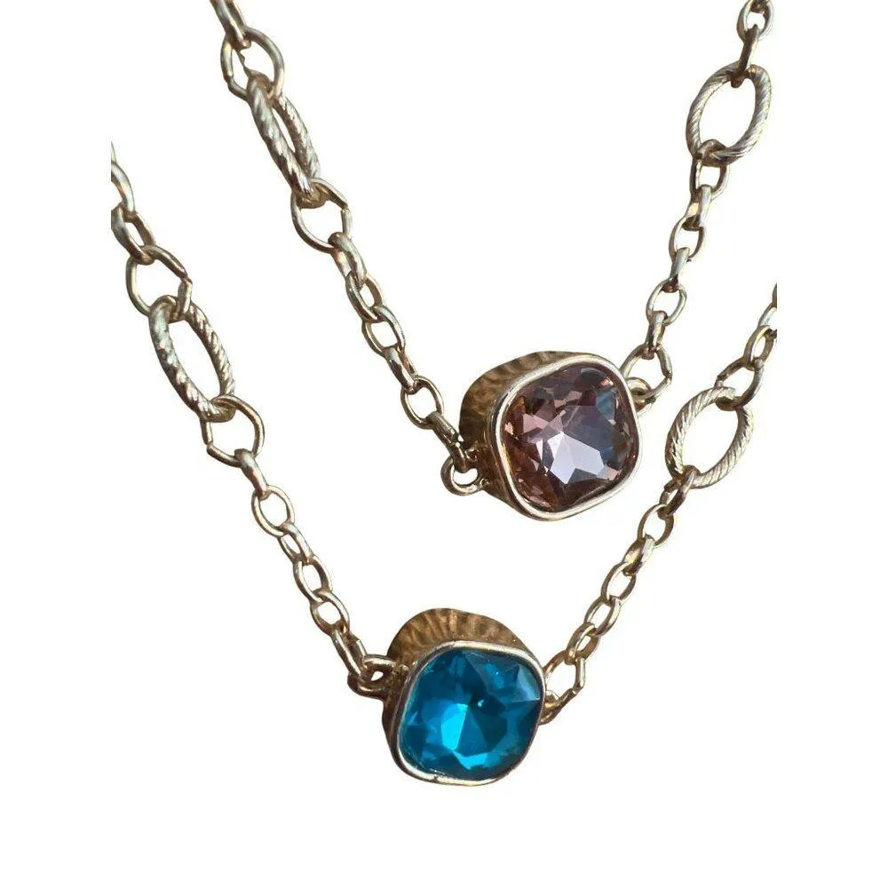 Gold Tone Chain Necklace Glass Stations Reversible Blue Pink Double Layer Adj 44 - Image 3