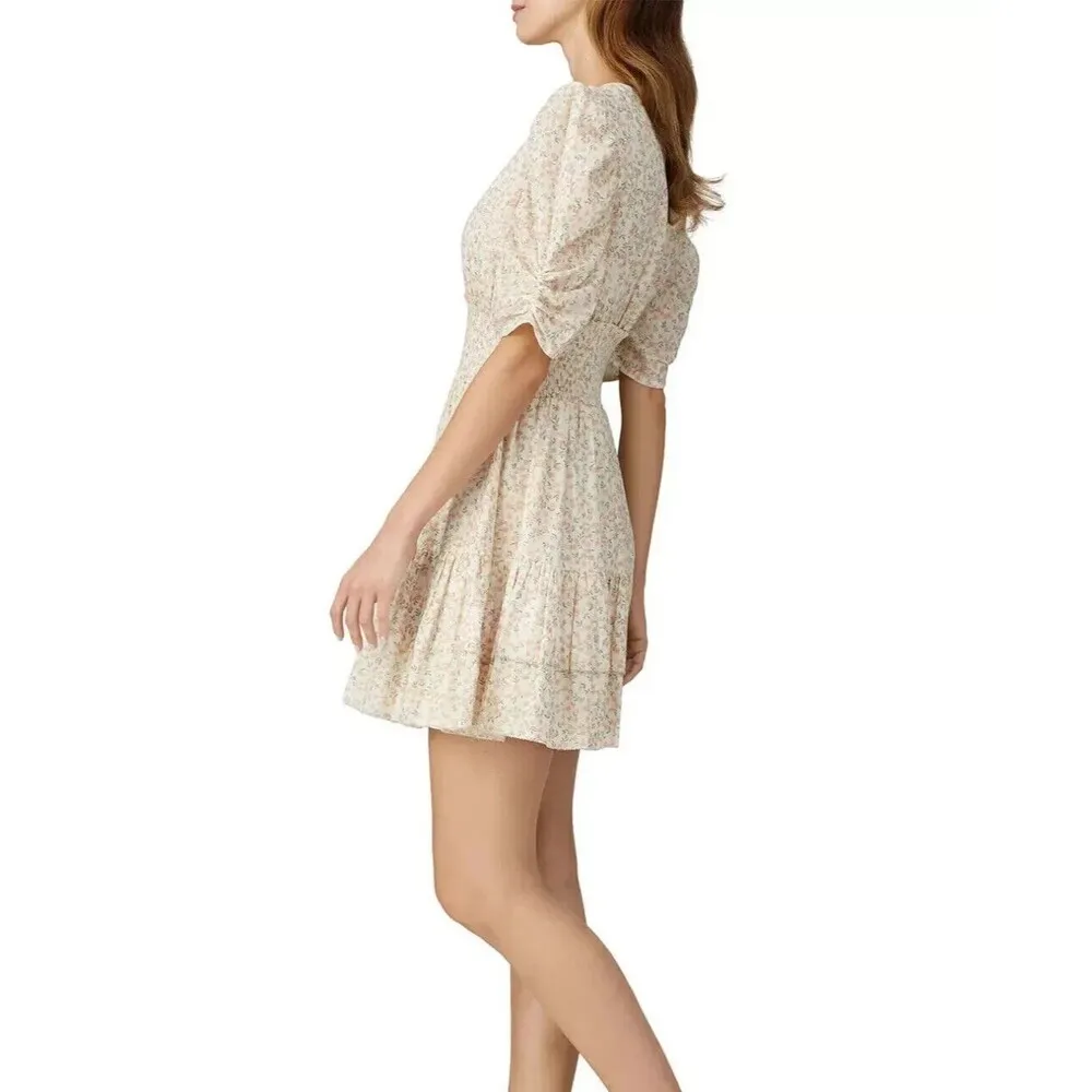 CLEOBELLA Sadie Mini Dress Women Small Peach Floral Ruffle 100% Cotton - Image 3