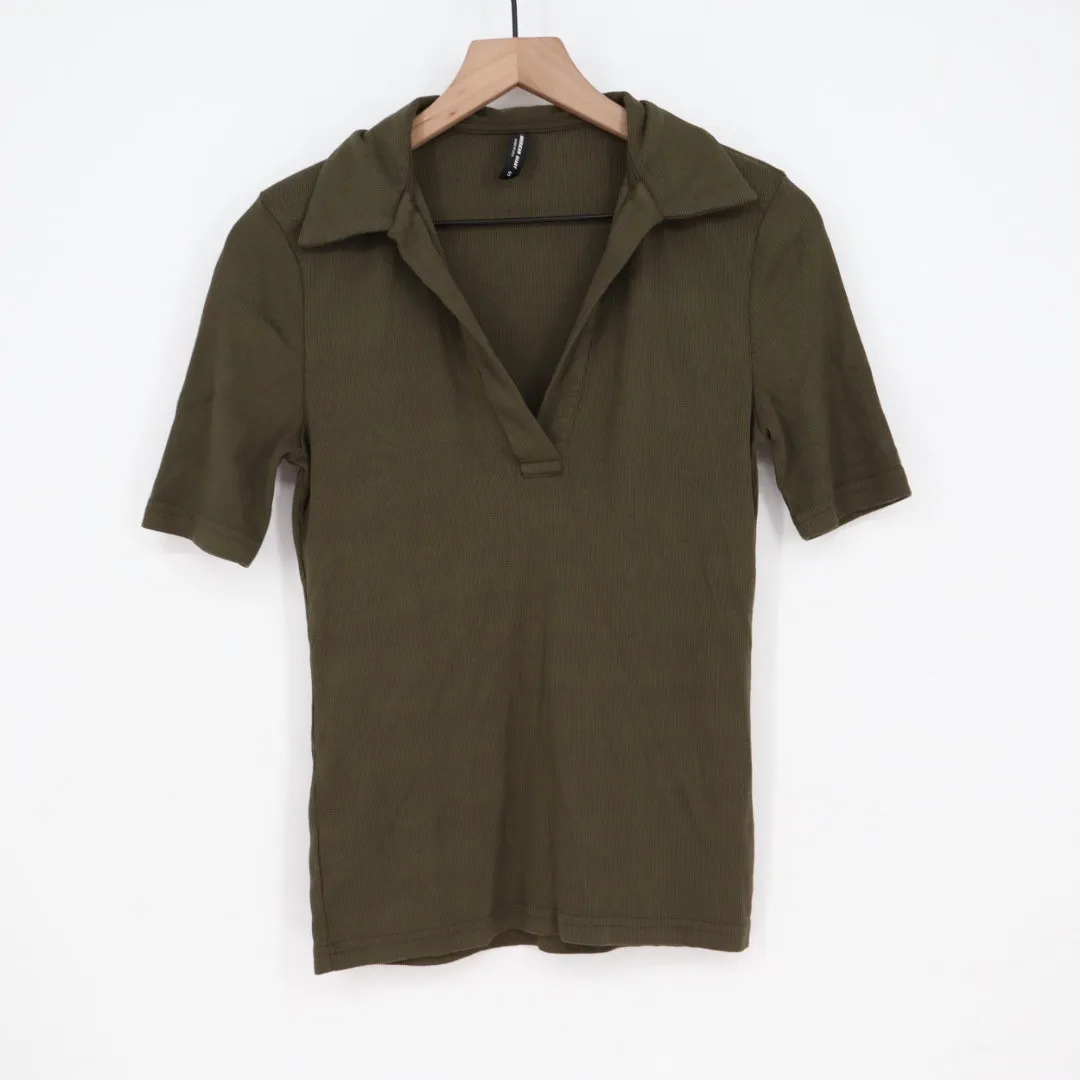 AMERICAN GIANT Olive Green Ribbed Collared Short Sleeve Top Size S Made USA - Image 2